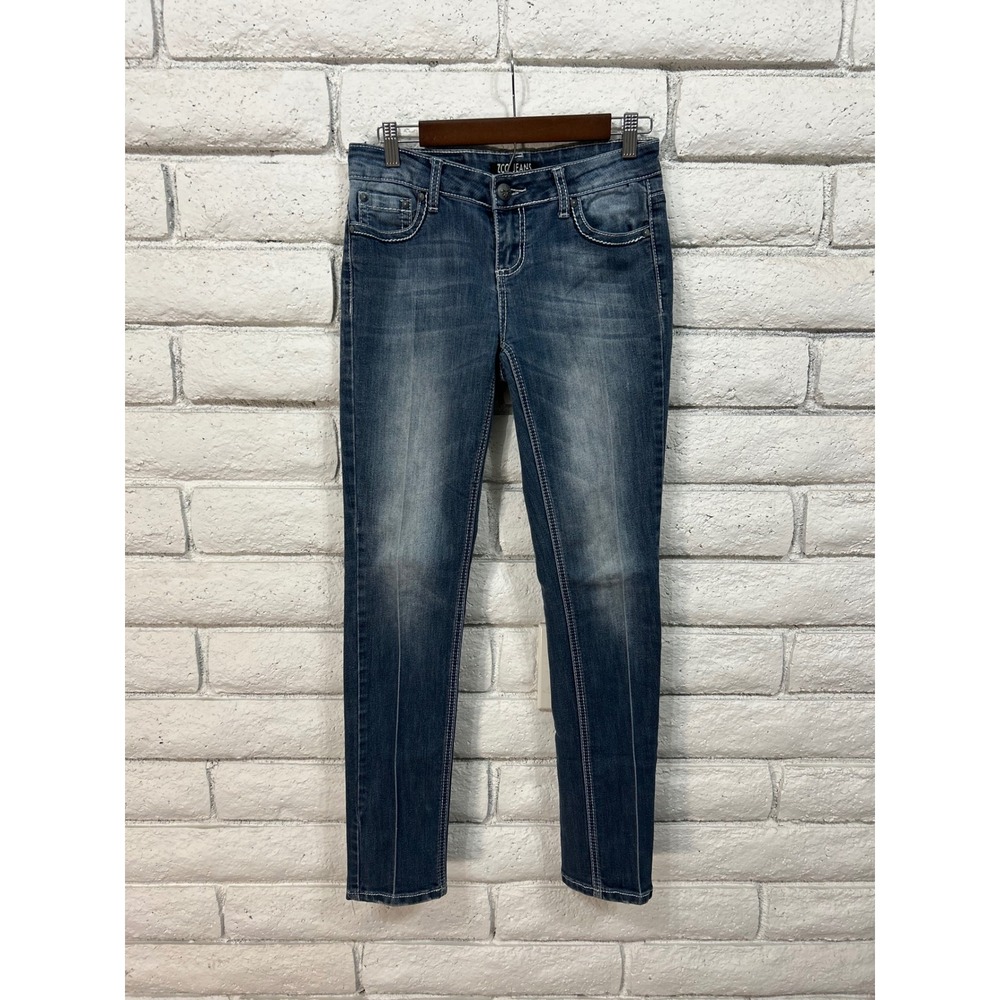 ZCO Jeans Womens 9 Blue Skinny Denim Embroidered Cross Studded Rhinestone Y2K